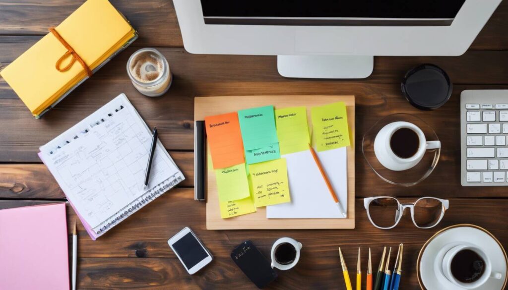 Desk with marketing materials